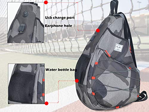 Tennis Bag for Men Women, Racquetball Pickleball Paddle Squash Sling Bags Crossbody Sports Backpack Adult with USB Charge Port - color: Camouflage