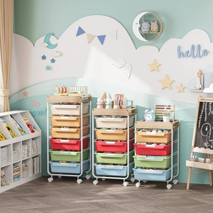 SYKIARIOL Rolling Cart with 6 Drawers,Utility Storage Cart with Drawers,Art Craft Organizers and Storage,Makeup Organizer with Wooden Tabletop,Rainbow
