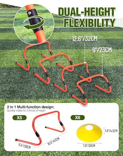 Agility Hurdles,9"-12.6" Adjustable Speed Training Hurdles for Football, Basketball, Soccer Hurdles Training Equipment Set of 6 Cones Set