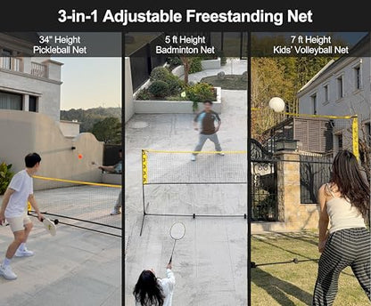 3-in-1 Portable Badminton, Volleyball & Pickleball Net Set for Adults, Adjustable Height 34"–7 ft for Backyards or Beach, Outdoor Sports Combo with Carry Bag, Rackets, Paddles & Balls - style: 17 ft wide Net