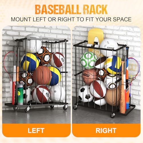 Garage Ball Storage With Baseball & Badminton Holder: Floor Sports Equipment Organizer, Sports Ball Rack With Elastic Rope, Ball Holder for Basketball, Soccer, Volleyball, Football, Garage, Gym, Black - size: Small, style: With Wheels And Bat Holder,Recta