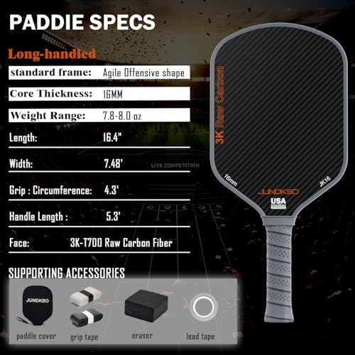 Professional Pickleball Paddles- T700 Carbon Fiber Pickle Racket- 3K Raw Carbon Frosted Surface for Enhanced Spin and Friction - USAPA Approved Offensive Long Paddle for Intermediate Advanced Players - color: Grey