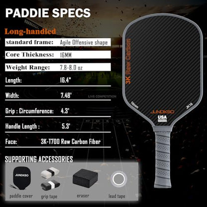 Professional Pickleball Paddles- T700 Carbon Fiber Pickle Racket- 3K Raw Carbon Frosted Surface for Enhanced Spin and Friction - USAPA Approved Offensive Long Paddle for Intermediate Advanced Players - color: Grey