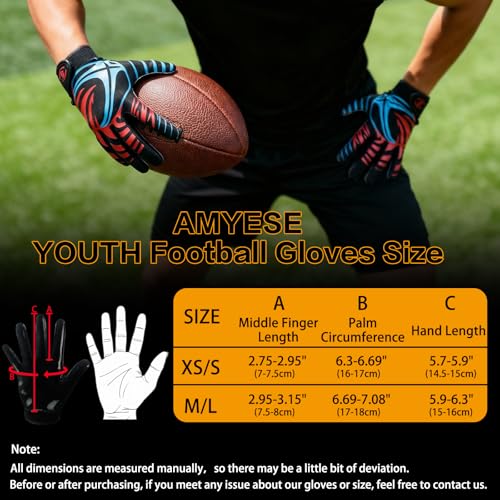 Youth Football Gloves -Sticky Football Receiver Gloves with Tacky Silicone Palm for Kids Girls Boys Flag Football Practice Games,Stretch Fit Quick-Dry Excellent Grip Football Receiving Gloves