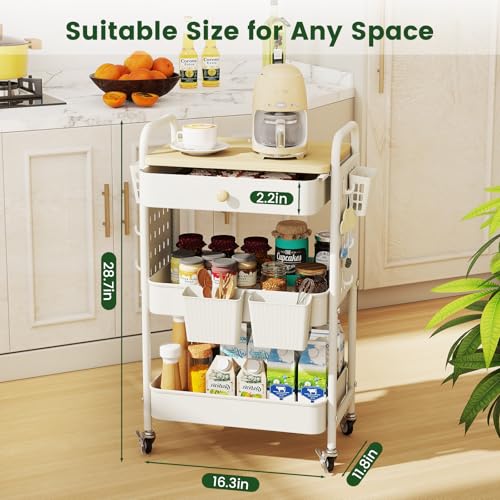 danpinera Rolling Utility Cart with Drawer, 3 Tier Rolling Cart with Wheels, Hooks & Hanging Cups, Craft Cart Art Cart Snack Cart Rolling Storage Cart with Wooden Table Top & DIY Pegboards, White - color: White, size: with pegboards
