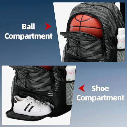 HUA ANGEL Basketball Backpack, Large Sports Bag with Separate Ball Holder & Shoe Compartment, Men/Women Gym Backpack for Basketball Soccer Volleyball