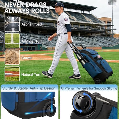 Rolling Baseball Bag with Wheels, 60L Capacity Wheeled Softball bag with Shoe Compartment for Youth & Adult, Bat bag with Hidden Straps,Fence Hook,Holds 4 Bat, Helmet, Glove - color: Blue