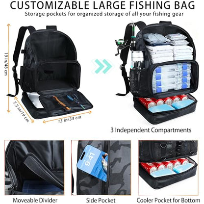 Fishing Backpack with Rod Holder, Heavy Duty Fishing Bag with Waterproof Bottom, Tackle Backpack Gifts for Man Woman-Black Camo - color: Black Camo