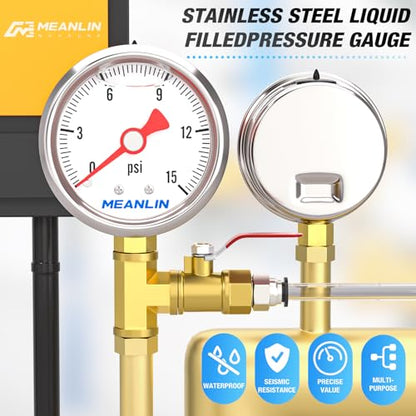 0~15Psi Stainless Steel 1/8" NPT 1.5" FACE DIAL, Glycerin Filled Pressure Gauge, Liquid Filled, Water Oil Air, Lower Mount, with 1/4" NPT and 3/8" NPT Hex Bushing - size: 0-15Psi