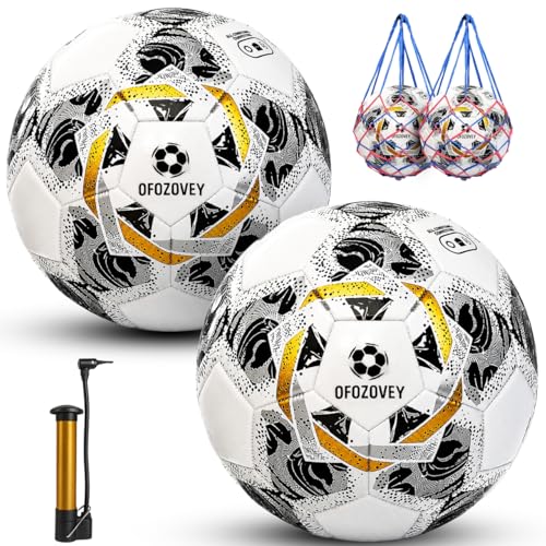 Soccer Ball Size 5,soccer ball set with 2 Mesh Bags, 1 Pump & 2 Needles , 2-Pack Official match soccer ball for kids and youth,Yarn-Wrapped Inner, three-layer Durable Materials, Indoor & Outdoor Use