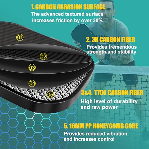 Pickleball Paddles,USAPA Approved Pickleball Paddle Set Pro | 3K Raw Carbon Fiber Textured Surface with High Grit & Spin,16mm Durable T700SC Carbon Fiber Pickle Ball Rackets for Men,Women & Families - color: Black Brown
