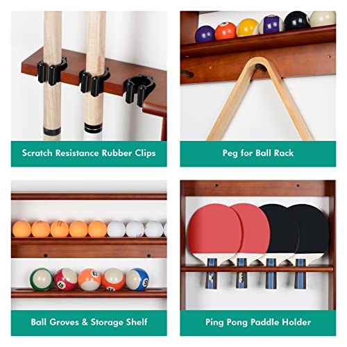 XCSOURCE Pool Cue Rack, 2-in-1 Pool Stick & Ping Pong Paddle Holder, 100% Solid Pine Wood Wall Mount Holds Billiards and Table Tennis Accessories for Man Cave, Billiard Room, Game Room - color: 2-IN-1 Cherry