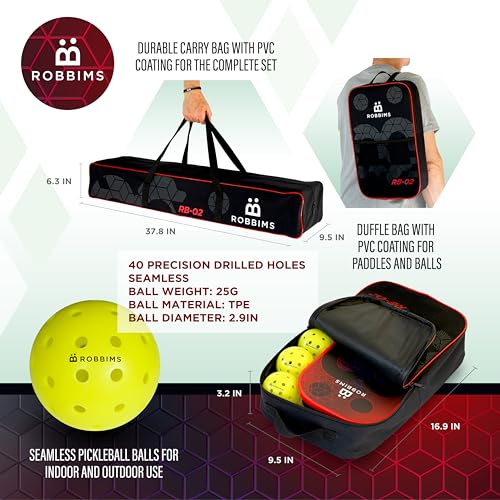 Pickleball Set with Net | 4 USA Pickleball Approved Carbon Fiber Paddles, Portable Regulation Size Net System, 8 Outdoor Balls, Court Marker Kit, Duffle Bag & Carry Bag - ROBBIMS
