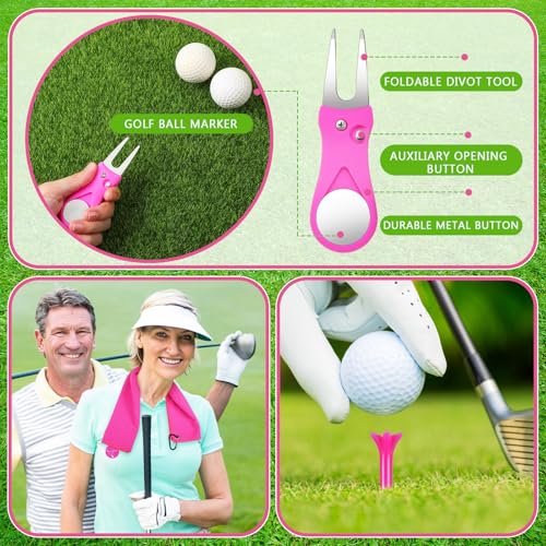 VioraWhite 16 Pcs Pink Golf Accessories Kit for Women Include Golf Towel with Clip, Hat Clip, Balls Holder, Club Cleaner Brush, Divot Repair, 10 Plastic Tees, Pink Socks Gift Set