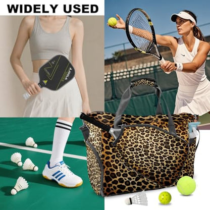 Brown Leopard Print Sports Duffle Bag - Large Gym Bag with Ventilated Shoe Compartment & Front Racket Sleeve, Waterproof Lightweight for Women Men Tennis Pickleball Travel - color: Brown Leopard Print