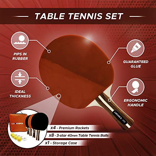 Ping Pong Paddle Set of 4 - Full Table Tennis Bundle inc. 4 Ping Pong Paddles, 8 Three Star Balls, Portable Storage Travel Bag/Case - Racket Set for 2 or 4 Players - Rec Indoor / Outdoor Games