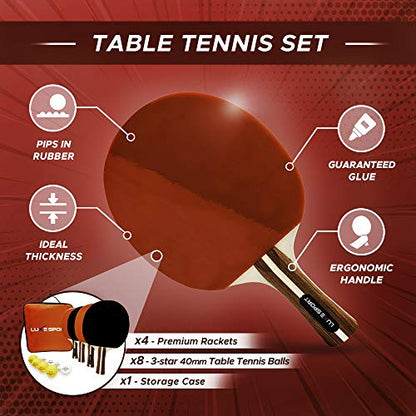 Ping Pong Paddle Set of 4 - Full Table Tennis Bundle inc. 4 Ping Pong Paddles, 8 Three Star Balls, Portable Storage Travel Bag/Case - Racket Set for 2 or 4 Players - Rec Indoor / Outdoor Games