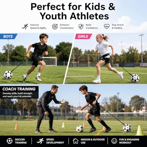 Solo Soccer Trainer for Kids & Teens – Adjustable Soccer Training Aid with Waist Belt & Tether for Ball Control, Footwork, Passing & Shooting Practice