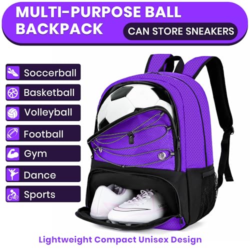 Hsmihair Youth Soccer Bag-Soccer Backpack&Backpack for Football Basketball,with Ball Compartment Separate Cleat Package - color: Purple