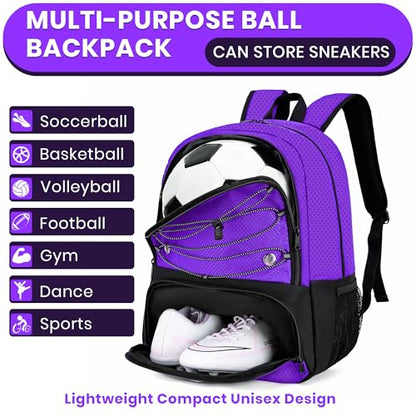 Hsmihair Youth Soccer Bag-Soccer Backpack&Backpack for Football Basketball,with Ball Compartment Separate Cleat Package - color: Purple