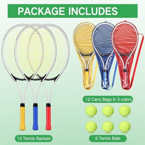12 Pcs Tennis Rackets for Adult Recreational 12 Players 27'' Tennis Racket Set with 6 Balls Lightweight Tennis Rackets Bulk for Women Men Tennis Training and Beginner with Overgrip and Bag