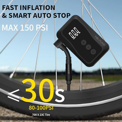 Electric Mini Bike Pump,Portable Bicycle with Digital Pressure Gauge,Smart Auto Stop,Max 150 PSI,USB-C Rechargeable, Presta & Schrader Valve for Road Bike,MTB,E-Bike,Motorcycle,Balls