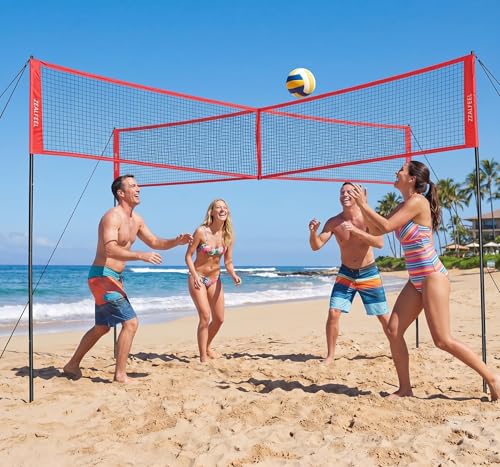4 Square Volleyball Net Set with 3 Adjustable Heights, 14FT Cross PE System, Use in Backyard or Beach, Includes Ball, Pump, Carry Bag, Hammer, Outdoor Team Games, Black/Red