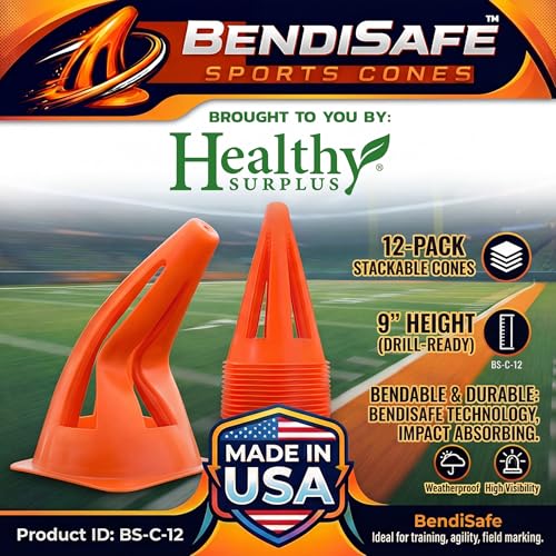 Soccer Training Cones Set of 12 - Flexible Agility Marker Cones for Soccer, Football, Hockey & Basketball Drills - 9” Tall 6” Base - High Visibility Orange Field Marker Cones - Made in USA - BendiSafe