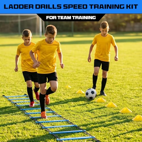2 Pack 20ft Agility Ladder Set, 40ft Total Adjustable Speed Ladder with 12 Cones, 8 Stakes, 1 Carry Bag - Parallel Footwork Drills Gear for Football Soccer Basketball Training Equipment - color: Blue