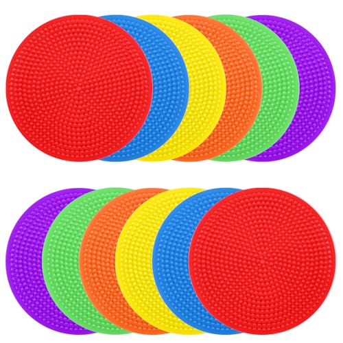 4 Inch & 9 Inch Poly Spot Markers for Gym Floor, Non-Slip Rubber Floor Dots Flat Cones, 6/12/24/60Pcs Agility Markers for Soccer, Basketball, PE Training, Dance & Classroom Activities - style: 12Pcs 4 inch 6colors