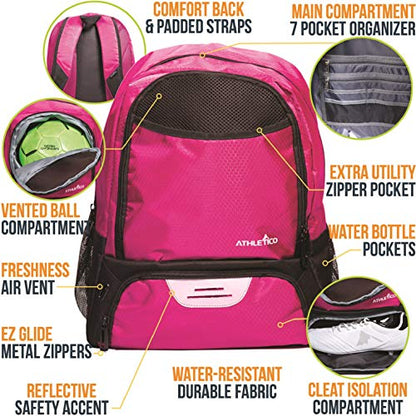 Athletico Youth Soccer Bag - Soccer Backpack & Bags for Basketball, Volleyball & Football | Includes Separate Cleat and Ball Compartment - color: Pink