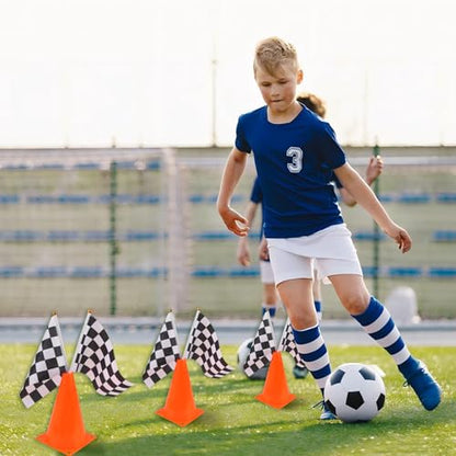 Mini Traffic Cones（With Hole on Top）with Racing Checkered Flags, Sports Safety Cones for Soccer Cones and Basketball Practice Equipment - Mini Orange Cones for Soccer Practice and Small Driving Practice Cones.Race Car Birthday Party Supplies, Kids Gift. (