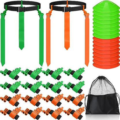 Wettarn 10/16 Player Flag Football Belts Adjustable Flag Football Set with Cones Bag for Youth Adults Kids Training Sport - color: Green, Orange