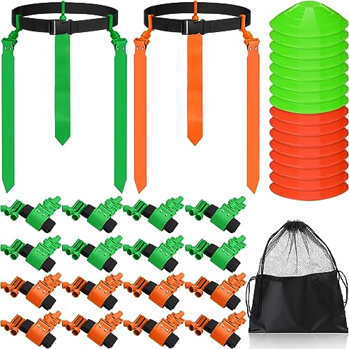 Wettarn 10/16 Player Flag Football Belts Adjustable Flag Football Set with Cones Bag for Youth Adults Kids Training Sport - color: Green, Orange