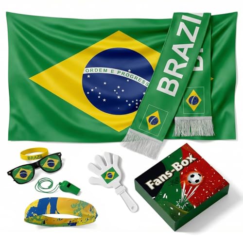 Soccer Fan Gear Set 2026-7 Piece Game Day Kit with Flag, Scarf, Glasses, Whistle, Clapper, Wristband & Headband in Gift Box - Watch Party & Stadium Essentials for Brazil - color: Brazil