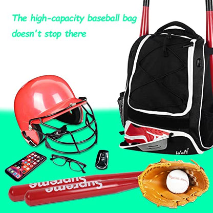 WOLT Youth Baseball Bag - Bat Backpack for Baseball, T-Ball & Softball Equipment & Gear, Bat & Glove Holder, Large Main Compartment for Helmet & accessories, Separate Shoes Compartment, Fence Hook - color: Black