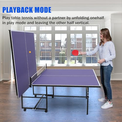 Portable Table Tennis Tables– Professional Outdoor Ping Pong Table Game, Foldable Ping Pong Game Set for Indoor/Outdoor, Ping Pong Table Top with Net, 2 Paddles and 3 Balls, Playback Mode - size: 9FT