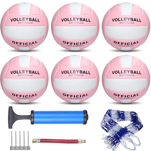 6 Pack Official Size 5 Synthetic Leather Volleyballs, Includes Pump and Net Bag, Volley Ball for Indoor and Outdoor Competition