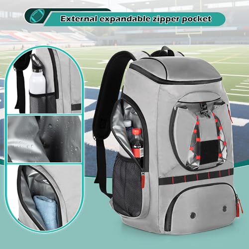 Smasrob Football Bag for Equipment with External Ball Holder, Insulated Pocket and Fence Hooks, Football Backpack for Youth and Adult - color: Grey