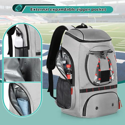 Smasrob Football Bag for Equipment with External Ball Holder, Insulated Pocket and Fence Hooks, Football Backpack for Youth and Adult - color: Grey