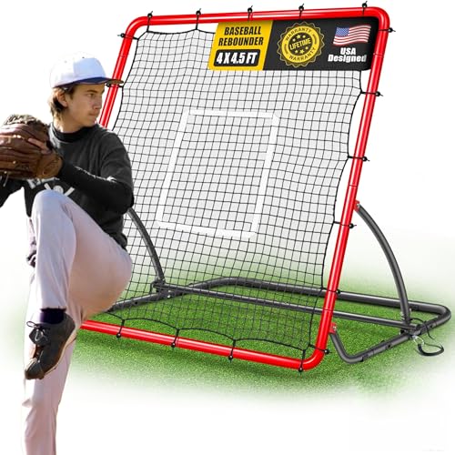 Heavy Duty Baseball Rebounder Net Pitchback, Baseball and Softball Bounce Back Net for Ground, Line Drive, Fly Ball Return Settings Fielding Trainer - color: Red, size: 4x4.5 FT