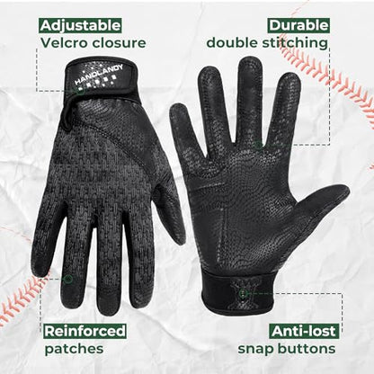 HANDLANDY Baseball Batting Gloves for Adult Youth, Grip Breathable Softball Batting Gloves Fit Men Kids Boys Girls - color: Raven Black-Adult, size: Adult Medium
