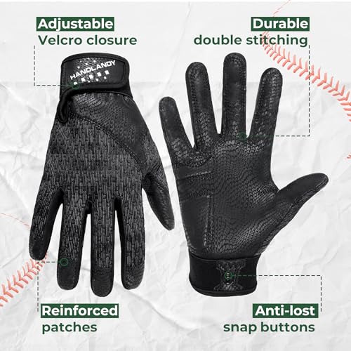 HANDLANDY Baseball Batting Gloves for Adult Youth, Grip Breathable Softball Batting Gloves Fit Men Kids Boys Girls - color: Raven Black-Adult, size: Adult X-Large