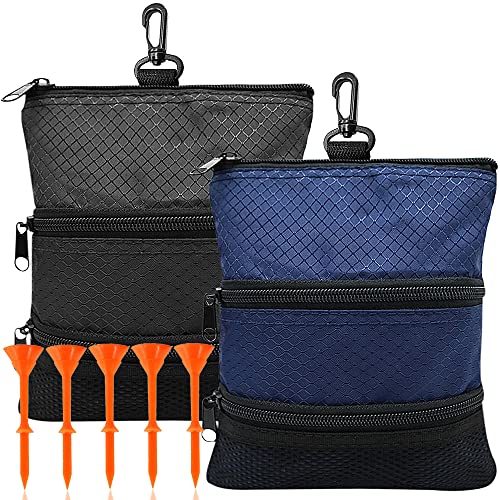 Amy Sport Golf Bag Accessories Valuables Pouch Bags Multi Pocket Zipper Hook with 10 Pcs Wood Golf Tees for Men Women - color: Black & Blue