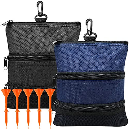 Amy Sport Golf Bag Accessories Valuables Pouch Bags Multi Pocket Zipper Hook with 10 Pcs Wood Golf Tees for Men Women - color: Black & Blue