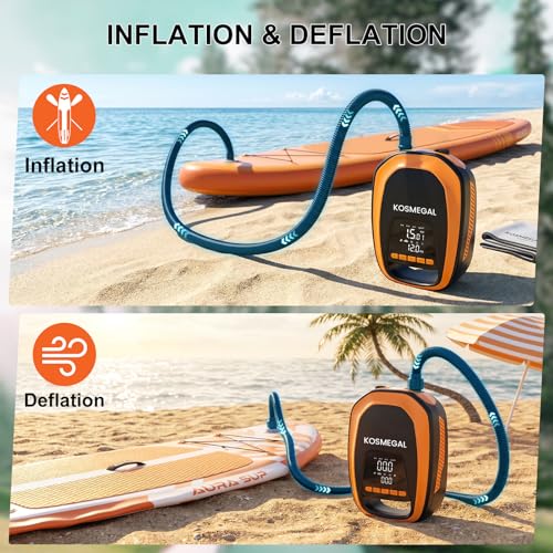 kosmegal Electric Paddle Board Pump, High Pressure SUP Pump with Inflation & Deflation, Auto-Off, 12V DC Car Connector Portable Air Pump for Inflatables and Kayaks