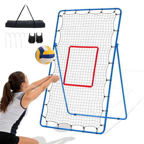 NEWBULIG Volleyball Rebounder Net 7x4 ft, 5-Angle Adjustable Bounce Back Training Equipment, Durable Net for Practicing Volleying, Bumping, Spiking, Easy Setup & Portable Travel Bag for Storage - color: Blue&Red