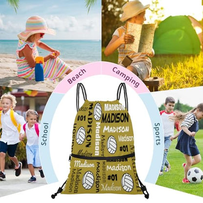 Custom Volleyball Style Drawstring Bag, Personalized Sports Ball Backpack Drawstring Sack Cinch Bags for Team Gift Party Favors, Brown - color: Dark Purple