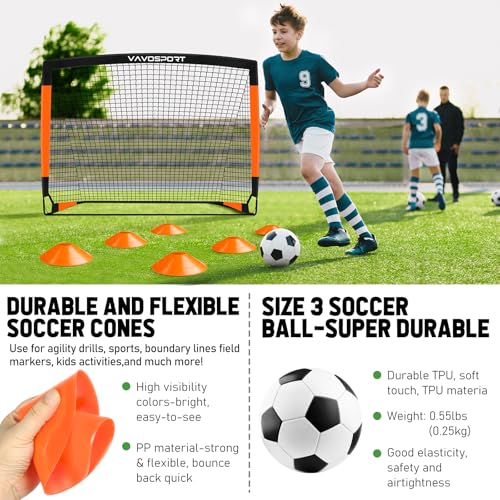 VAVOSPORT Kids Soccer Goals for Backyard Set, 2 of 4x3 / 6x4 ft Portable Soccer Goal Nets, Pop Up Mini Toddler Soccer Net Training Equipment & Ball, Cones for Ages 3-14, Outdoor Games Gifts for Kids