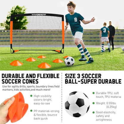 VAVOSPORT Kids Soccer Goals for Backyard Set, 2 of 4x3 / 6x4 ft Portable Soccer Goal Nets, Pop Up Mini Toddler Soccer Net Training Equipment & Ball, Cones for Ages 3-14, Outdoor Games Gifts for Kids